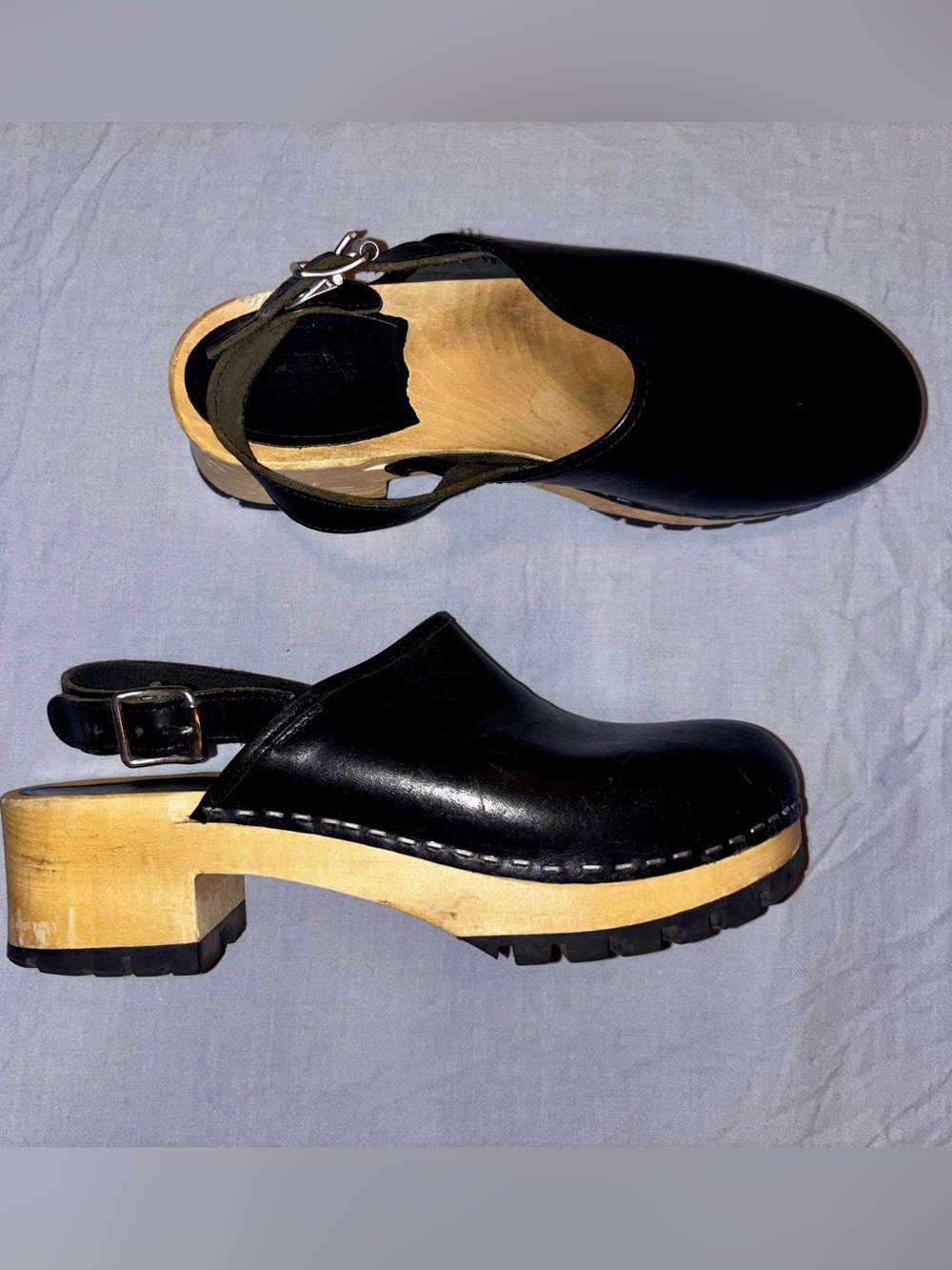 Swedish Hasbeens Black Leather Clogs